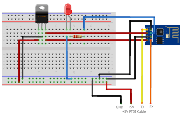 An LED attached to the free GPIO_2 pin of the ESP-01 board.