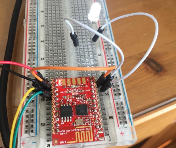 Blinking an LED using an Arduino sketch and a MOD-WIFI-ESP8266-DEV board. (Credit: Sandeep Mistry)