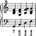 
    {
     \override Score.TimeSignature #'stencil = ##f
      \new PianoStaff <<
        \new Staff <<
            \relative c' {
                \clef treble \time 4/4
                <b d f>4 <g d' f> <b f' g > <b d g>
                }
            >>
        \new Staff <<
           \relative c {
                \clef bass \time 4/4
                g4 b d f
                }
  \figures {
    <7>4 <6 5> <4 3> <4 2>
  }
            >>
    >> }
