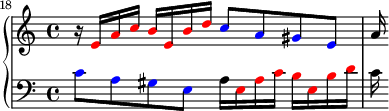 
{
      \new PianoStaff <<
        \new Staff <<
            \relative c' {
                \clef treble \key a \minor \time 4/4
                \set Score.currentBarNumber = #18
                \bar ""
                r16 \override NoteHead.color = #red e a c b e, b' d 
                \override NoteHead.color = #blue c8 a gis e  \override NoteHead.color = #black 
                a16
                }
            >>
        \new Staff <<
           \relative c' {
                \clef bass \key a \minor \time 4/4
                \override NoteHead.color = #blue c8 a gis e 
                \override NoteHead.color = #black a16 \override NoteHead.color = #red e a c b e, b' d  
                \override NoteHead.color = #black c
                }
            >>
    >> }
